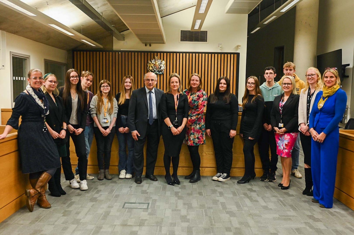 Sir Brian Leveson with the University of Suffolk staff and students